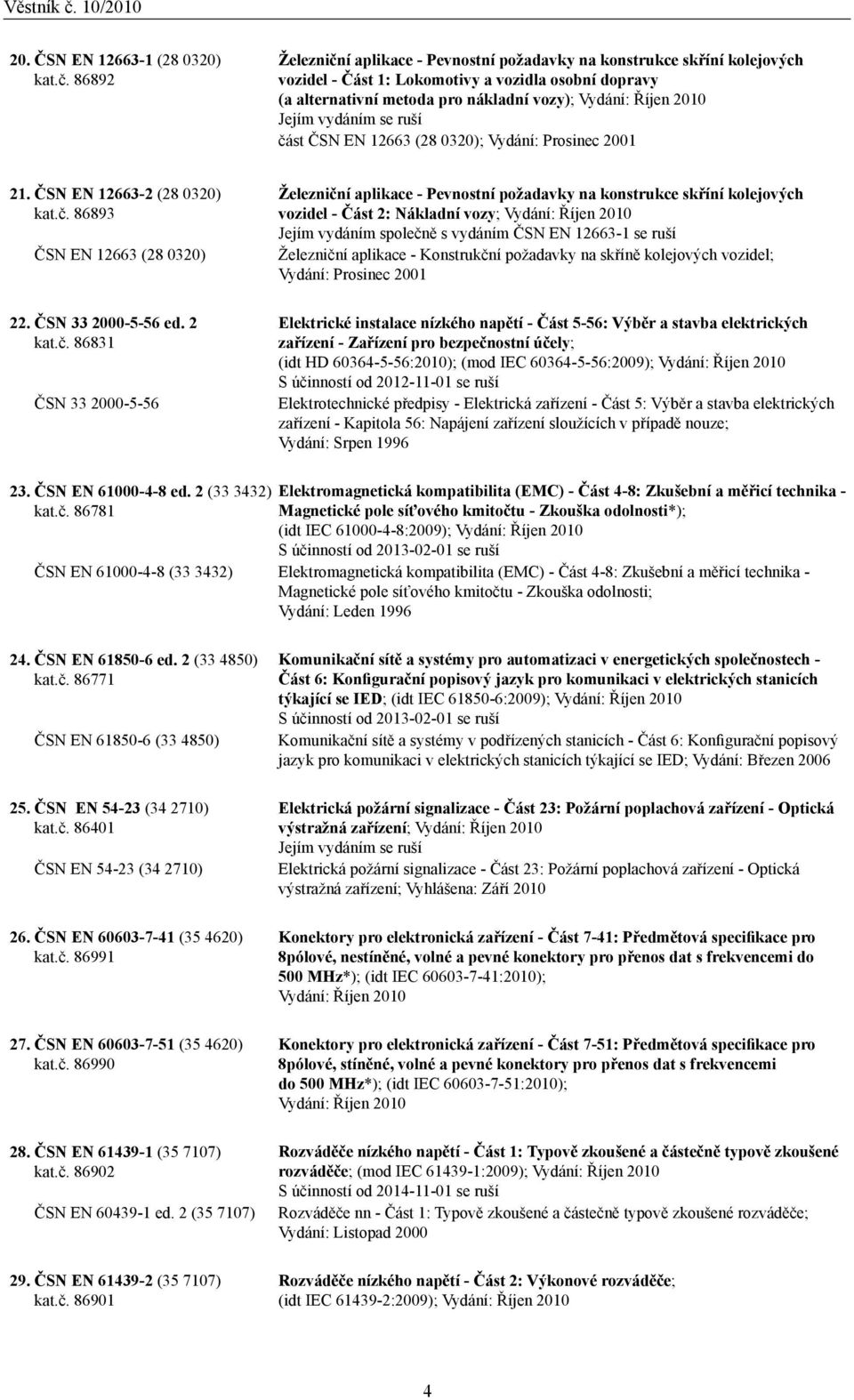 část ČSN EN 12663 (28 0320); Vydání: Prosinec 2001 21. ČSN EN 12663-2 (28 0320) kat.č. 86893 ČSN EN 12663 (28 0320) 22. ČSN 33 2000-5-56 ed. 2 kat.č. 86831 ČSN 33 2000-5-56 Železniční aplikace -