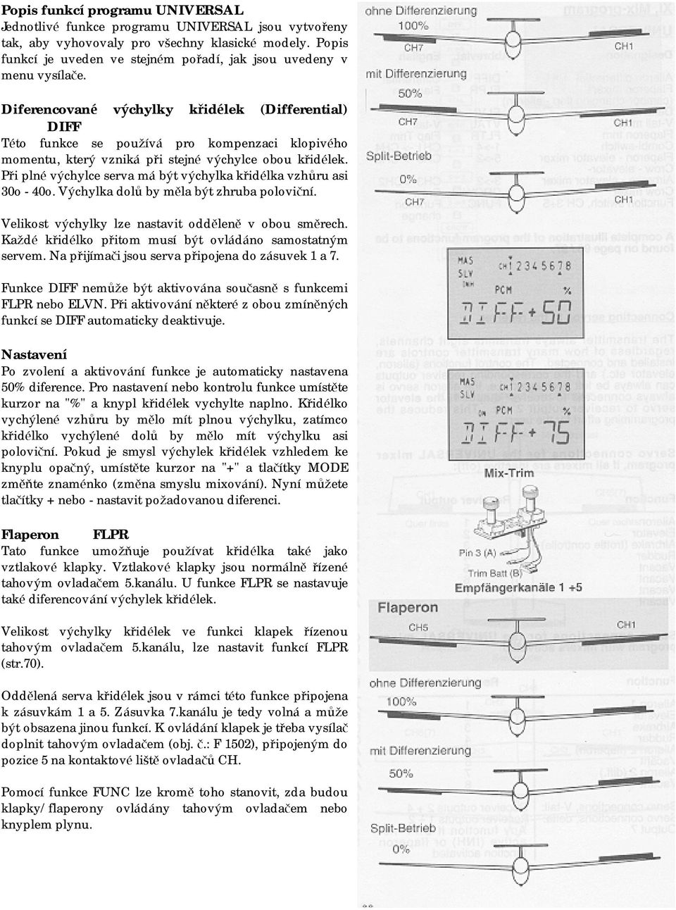 Diferencované výchylky křidé lek (Differential) DIFF Této funkce se používá pro kompenzaci klopivého momentu, který vzniká při stejné výchylce obou křidélek.