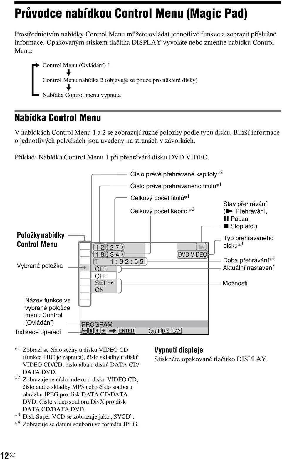 vypnuta Nabídka Control Menu V nabídkách Control Menu 1 a 2 se zobrazují různé položky podle typu disku. Bližší informace o jednotlivých položkách jsou uvedeny na stranách v závorkách.