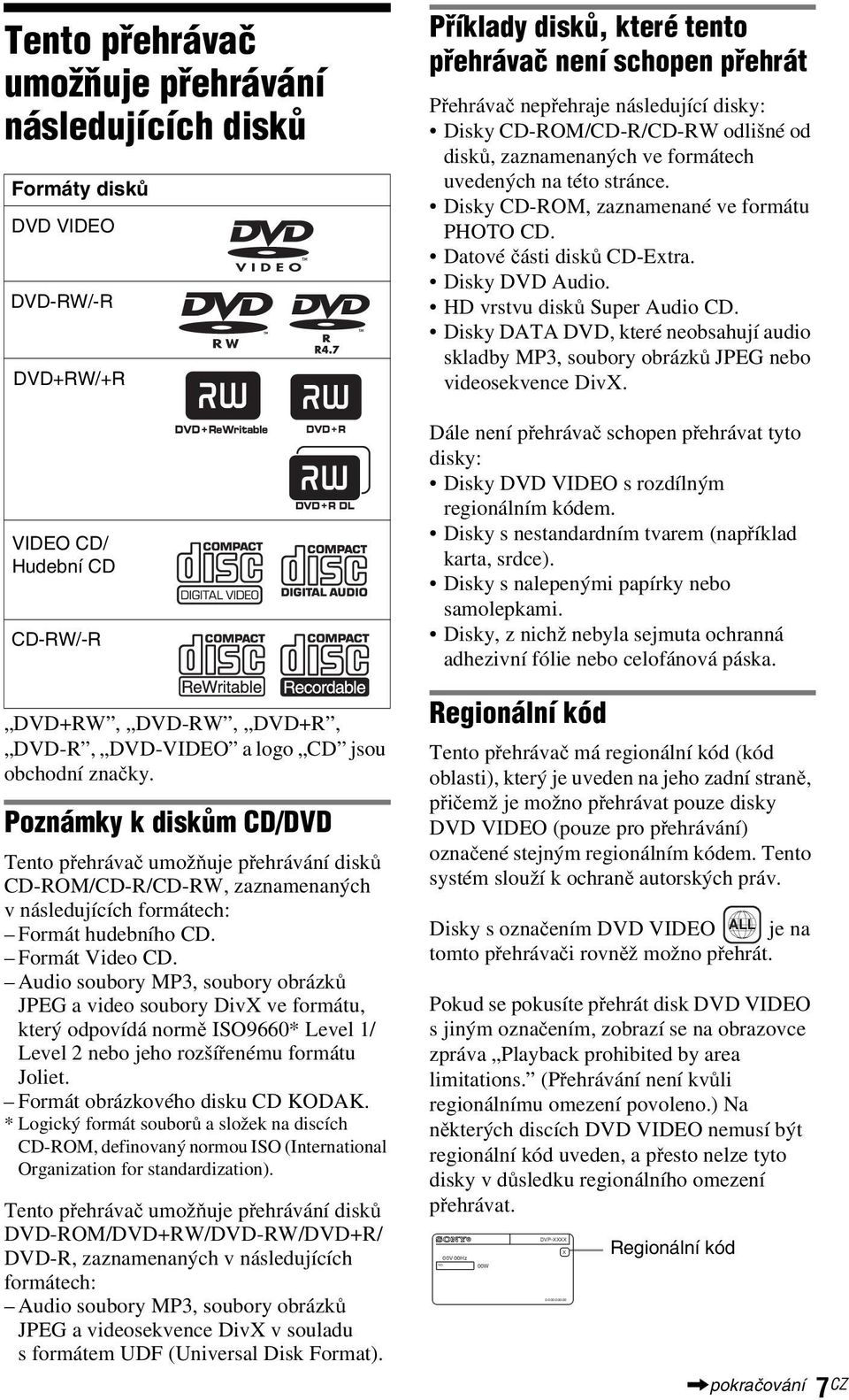 Audio soubory MP3, soubory obrázků JPEG a video soubory DivX ve formátu, který odpovídá normě ISO9660* Level 1/ Level 2 nebo jeho rozšířenému formátu Joliet. Formát obrázkového disku CD KODAK.