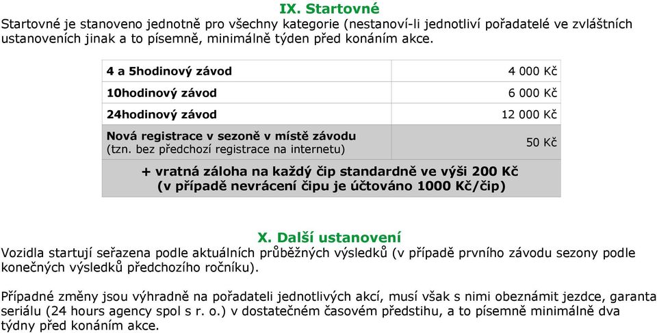 bez předchozí registrace na internetu) 12 000 Kč 50 Kč + vratná záloha na každý čip standardně ve výši 200 Kč (v případě nevrácení čipu je účtováno 1000 Kč/čip) X.