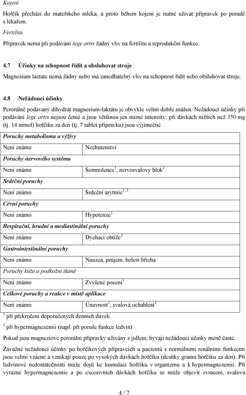 7 Účinky na schopnost řídit a obsluhovat stroje Magnesium lactate nemá žádný nebo má zanedbatelný vliv na schopnost řídit nebo obsluhovat stroje. 4.