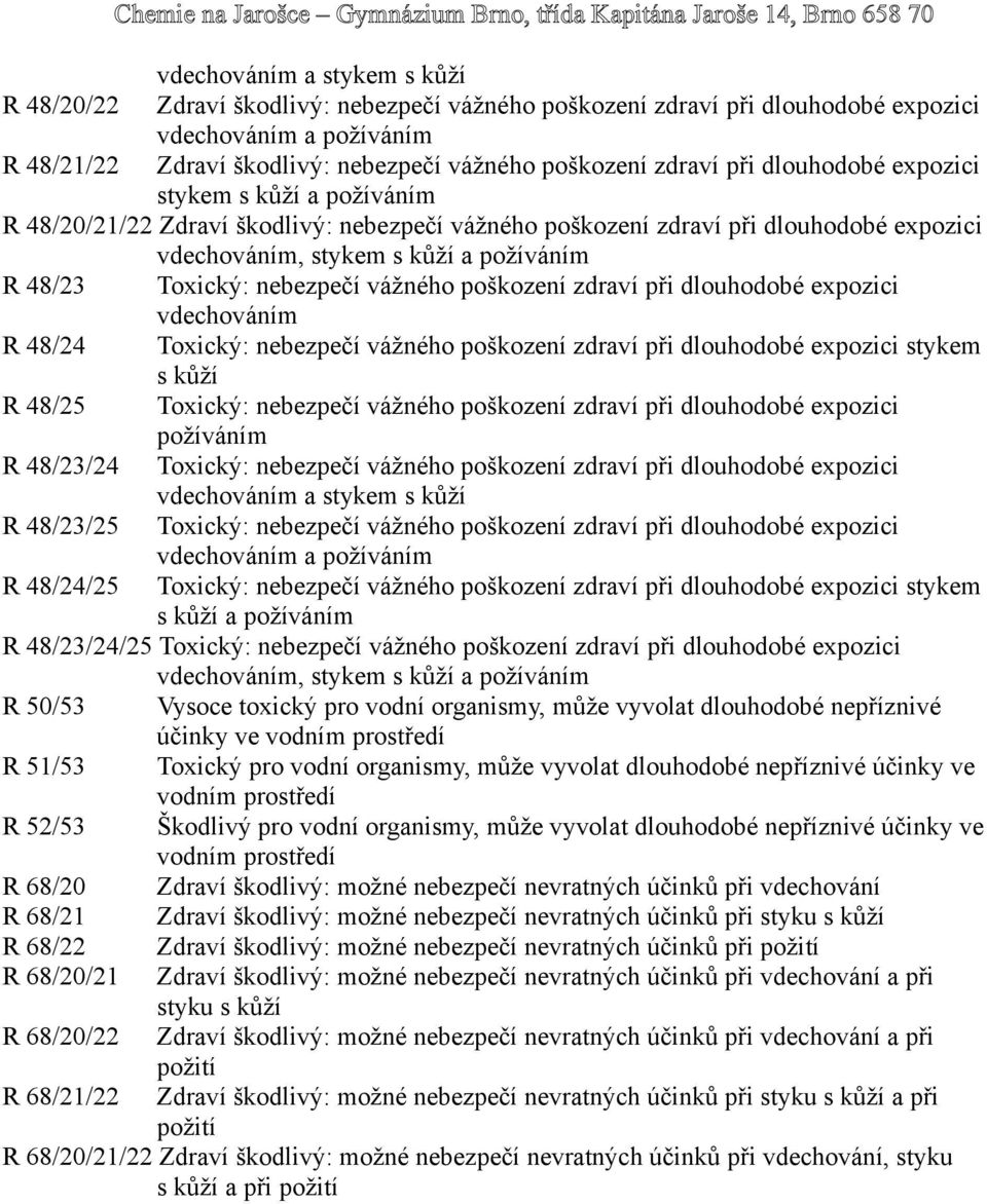 Toxický: nebezpečí vážného poškození zdraví při dlouhodobé expozici vdechováním R 48/24 Toxický: nebezpečí vážného poškození zdraví při dlouhodobé expozici stykem s kůží R 48/25 Toxický: nebezpečí