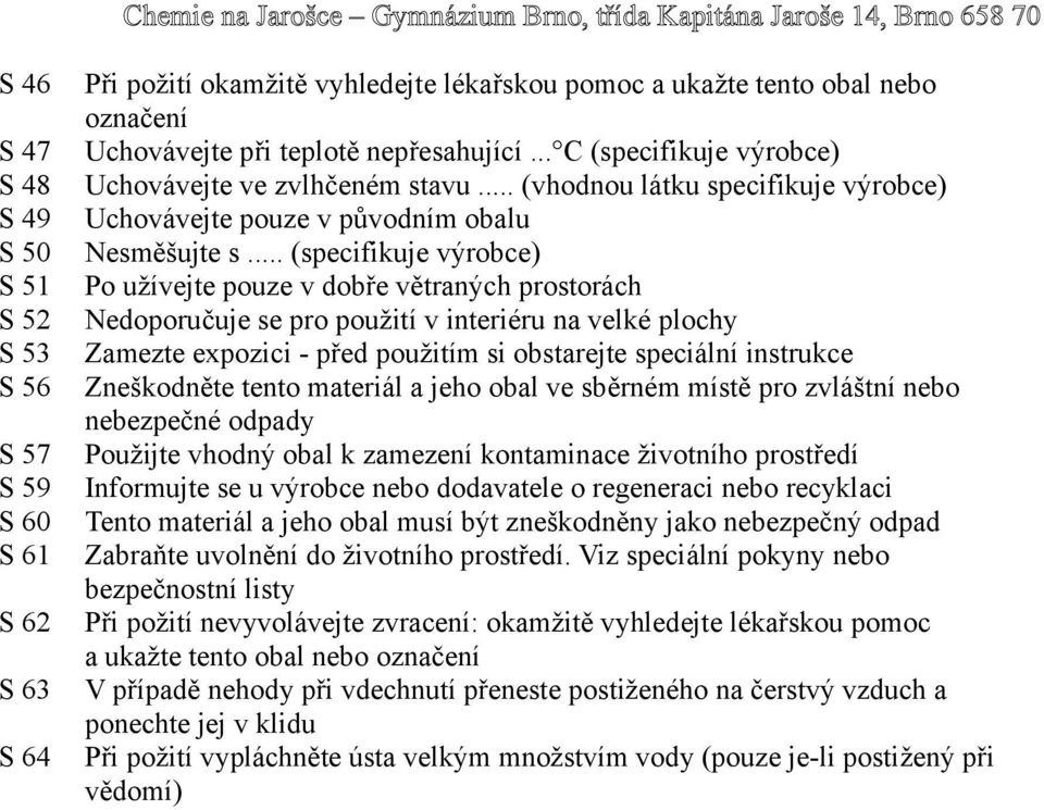 .. (specifikuje výrobce) Po užívejte pouze v dobře větraných prostorách Nedoporučuje se pro použití v interiéru na velké plochy Zamezte expozici - před použitím si obstarejte speciální instrukce