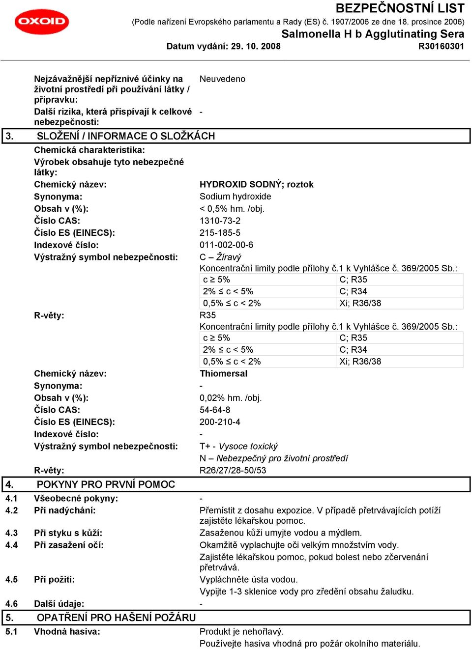 Číslo CAS: 1310-73-2 Číslo ES (EINECS): 215-185-5 Indexové číslo: 011-002-00-6 Výstražný symbol nebezpečnosti: C Žíravý Koncentrační limity podle přílohy č.1 k Vyhlášce č. 369/2005 Sb.