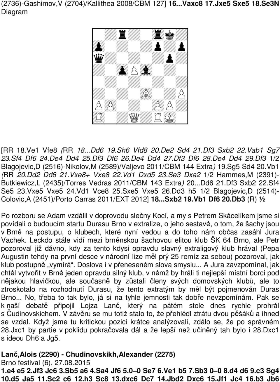 Vd1 Dxd5 23.Se3 Dxa2 1/2 Hammes,M (2391)- Butkiewicz,L (2435)/Torres Vedras 2011/CBM 143 Extra) 20...Dd6 21.Df3 Sxb2 22.Sf4 Se5 23.Vxe5 Vxe5 24.Vd1 Vce8 25.Sxe5 Vxe5 26.