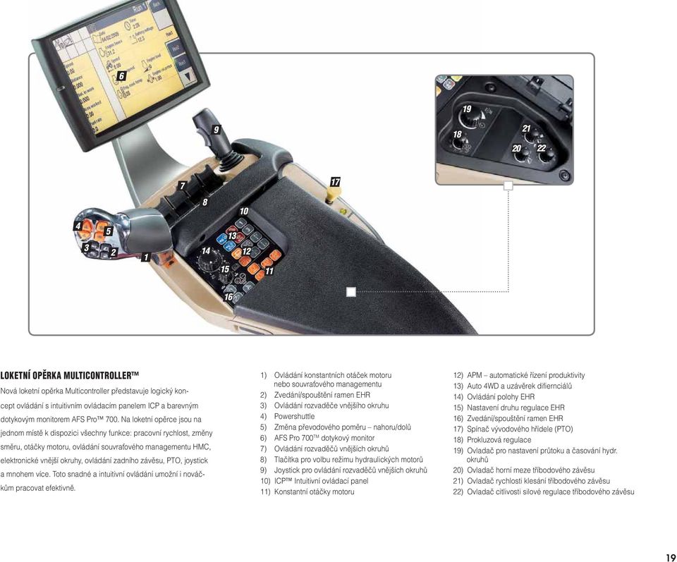 Na loketní opěrce jsou na jednom místě k dispozici všechny funkce: pracovní rychlost, změny směru, otáčky motoru, ovládání souvra ového managementu HMC, elektronické vnější okruhy, ovládání zadního