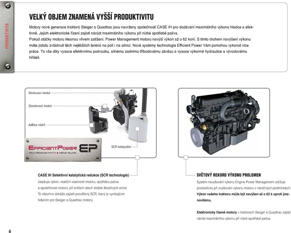 S tímto druhem navýšení výkonu máte jistotu zvládnutí těch nejtěžších terénů na poli i na silnici. Nové systémy technologie Efficient Power Vám pomohou vykonat více práce.