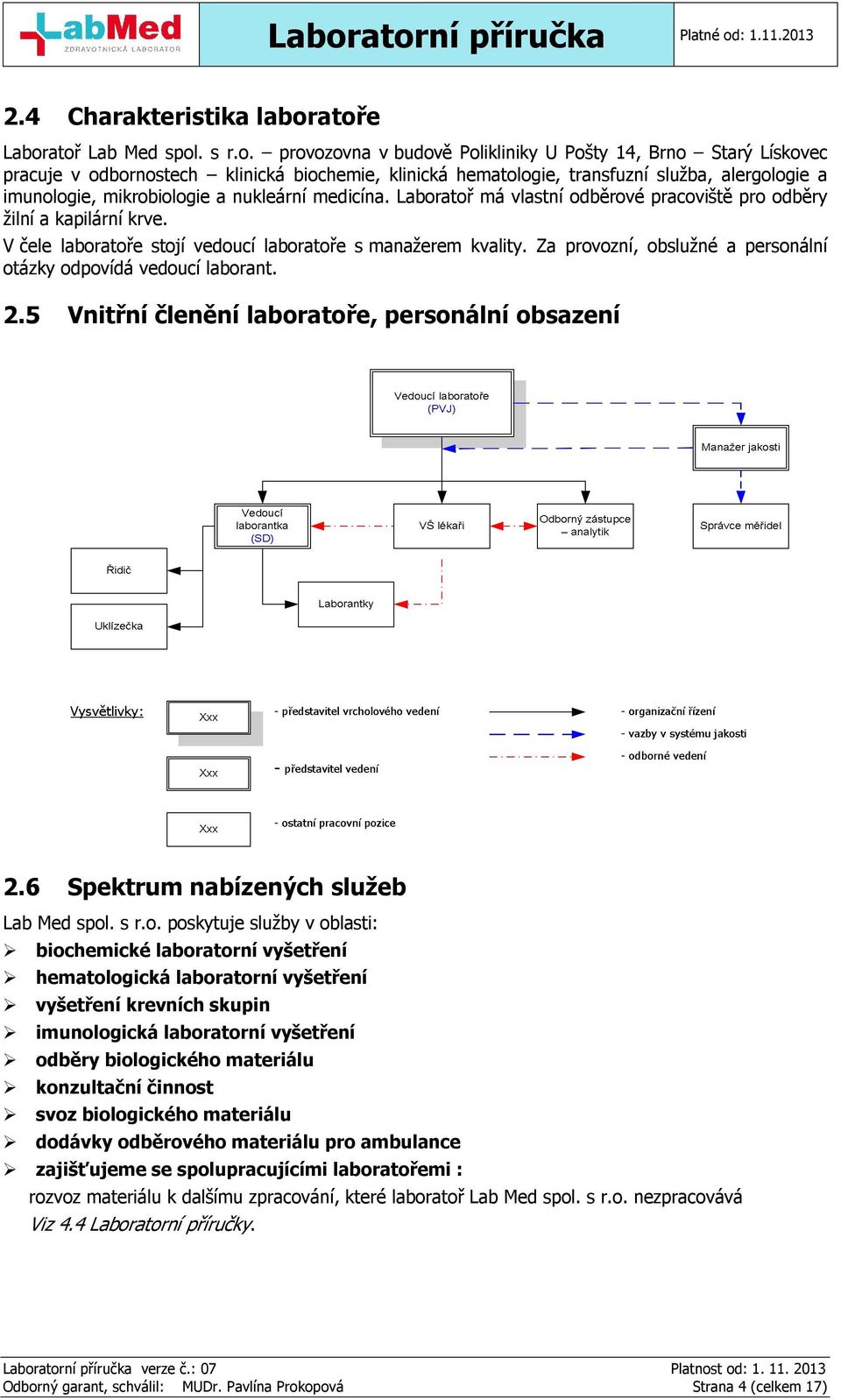 imunologie, mikrobiologie a nukleární medicína. Laboratoř má vlastní odběrové pracoviště pro odběry žilní a kapilární krve. V čele laboratoře stojí vedoucí laboratoře s manažerem kvality.