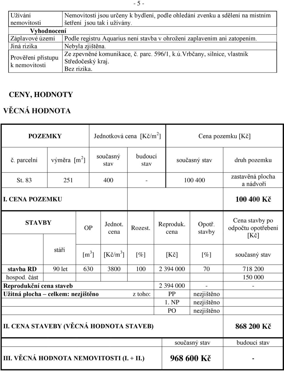 k nemovitosti Bez rizika. CENY, HODNOTY VĚCNÁ HODNOTA POZEMKY Jednotková cena [Kč/m 2 ] Cena pozemku [Kč] č. parcelní výměra [m 2 ] současný stav budoucí stav současný stav druh pozemku St.