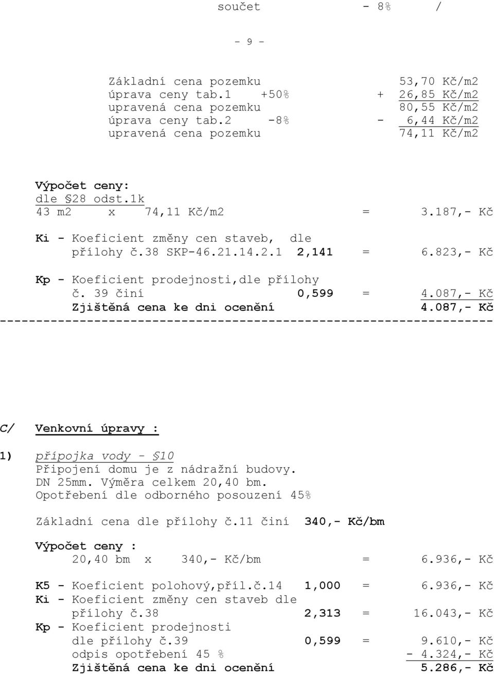 823,- Kč Kp - Koeficient prodejnosti,dle přílohy č. 39 činí 0,599 = 4.087,- Kč Zjištěná cena ke dni ocenění 4.