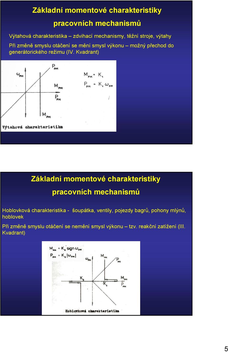 Kvadrant) Základní momentové charakteristiky racovních mechanismů Hoblovková charakteristika - šouátka, ventily,