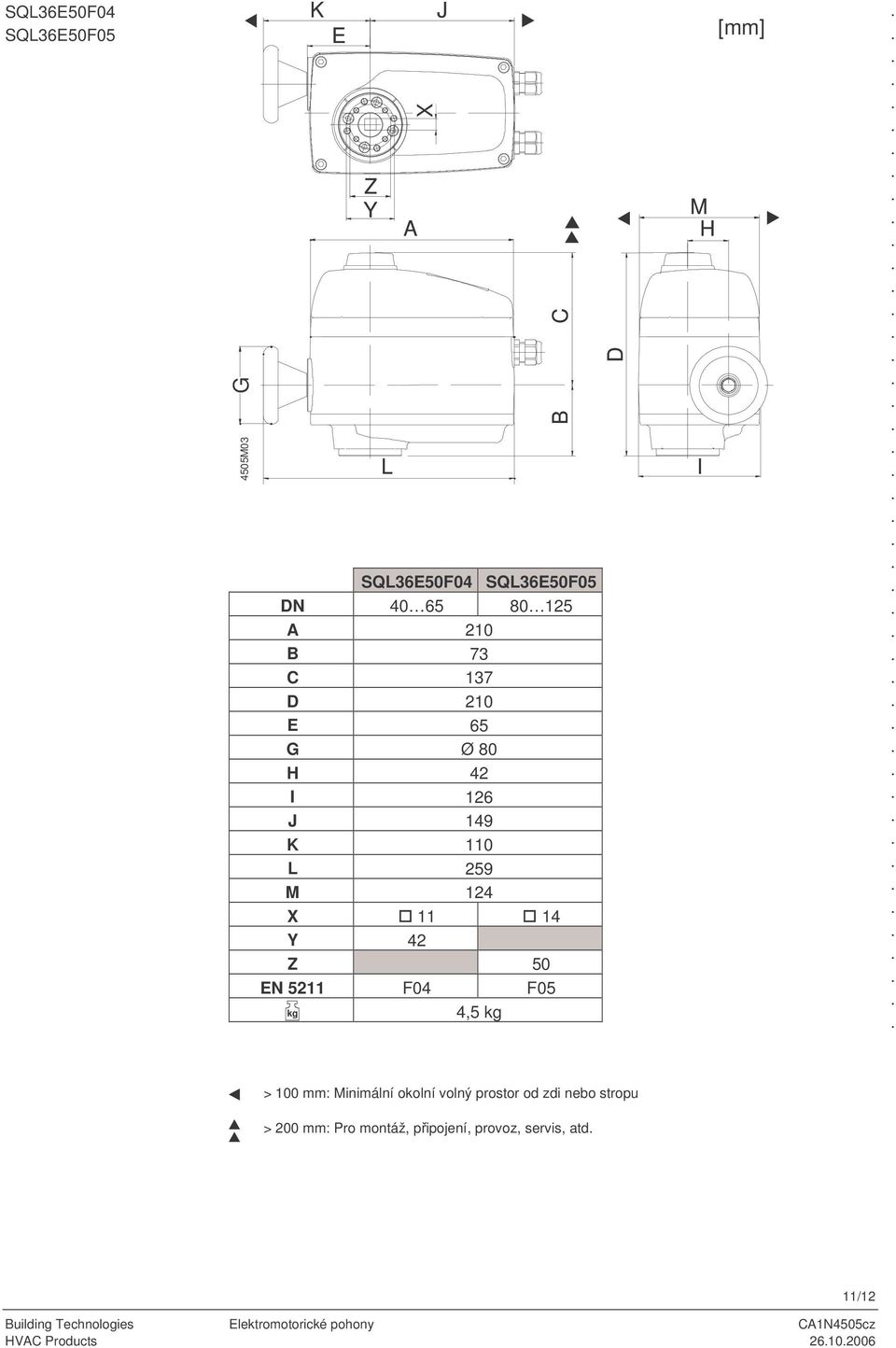 50 EN 5211 F04 F05 kg 4,5 kg D [mm] M H I > 100 mm: Minimální okolní volný prostor od zdi