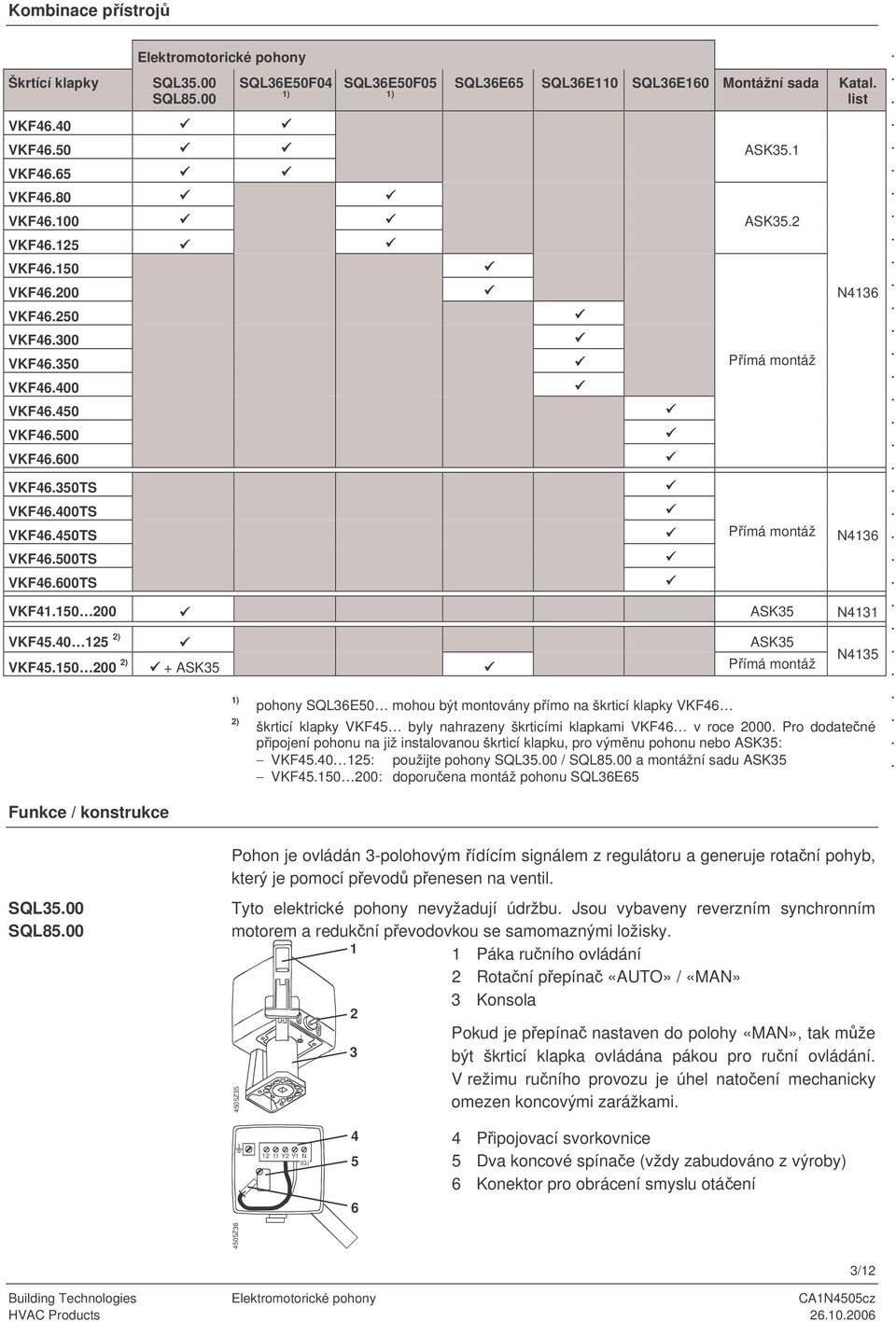 200 ASK35 N4131 VKF4540 125 2) ASK35 VKF45150 200 2) + ASK35 Pímá montáž 2) pohony SQL36E50 mohou být montovány pímo na škrticí klapky VKF46 N4135 škrticí klapky VKF45 byly nahrazeny škrticími