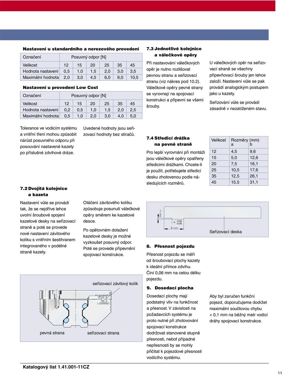 3 Jednotlivé kolejnice a válečkové opěry Při nastavování válečkových opěr je nutno rozlišovat pevnou stranu a seřizovací stranu (viz nákres pod 10.2).