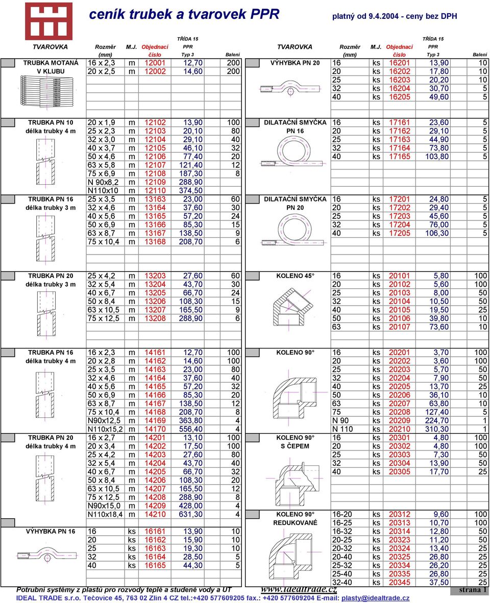 Objednací PPR (mm) číslo Typ 3 Balení (mm) číslo Typ 3 Balení TRUBKA MOTANÁ 16 x 2,3 m 12001 12,70 200 VÝHYBKA PN 20 16 ks 16201 13,90 10 V KLUBU 20 x 2,5 m 12002 14,60 200 20 ks 16202 17,80 10 25 ks