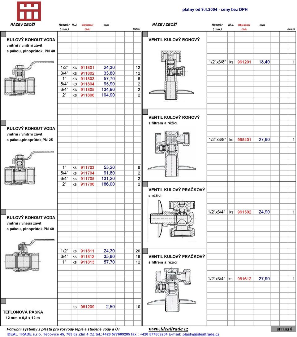 911802 35,80 12 1" KS 911803 57,70 6 5/4" KS 911804 95,90 2 6/4" KS 911805 134,90 2 2" KS 911806 194,90 2 1/2"x3/8" ks 961201 18,40 1 VENTIL KULOVÝ ROHOVÝ s filtrem a růžicí KULOVÝ KOHOUT VODA