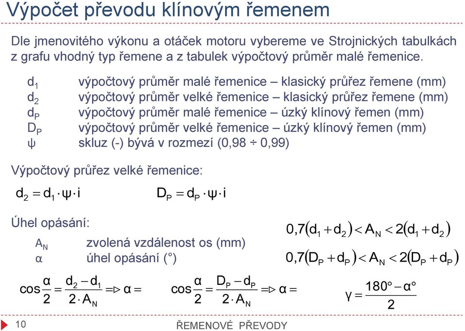 výpočtový průměr malé řemenice klasický průřez řemene (mm) výpočtový průměr velké řemenice klasický průřez řemene (mm) výpočtový průměr malé řemenice úzký