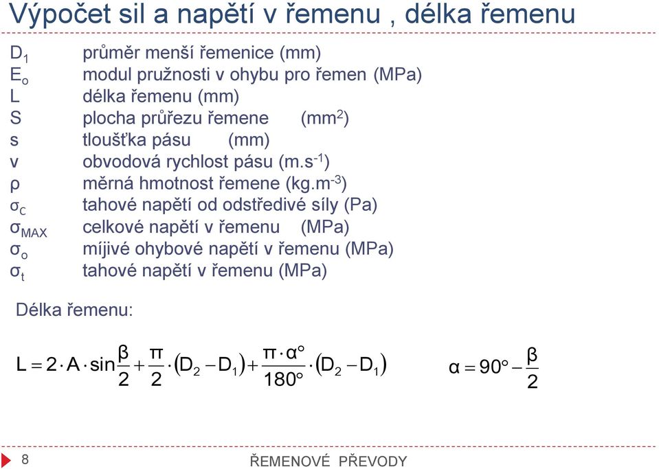 s - ) ρ měrná hmotnost řemene (kg.