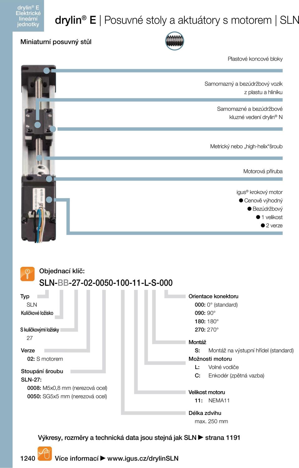 Verze 02: S motorem Stoupání šroubu SLN-27: 0008: M5x0,8 mm (nerezová ocel) 0050: SG5x5 mm (nerezová ocel) Orientace konektoru 000: 0 (standard) 090: 90 180: 180 270: 270 Montáž S: Montáž na výstupní