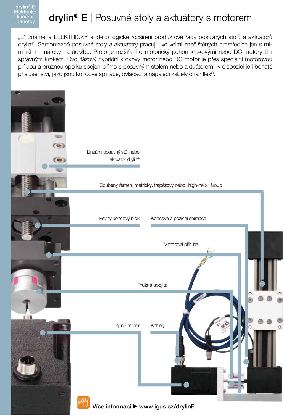 Dvoufázový hybridní krokový motor nebo DC motor je přes speciální motorovou přírubu a pružnou spojku spojen přímo s posuvným stolem nebo aktuátorem.