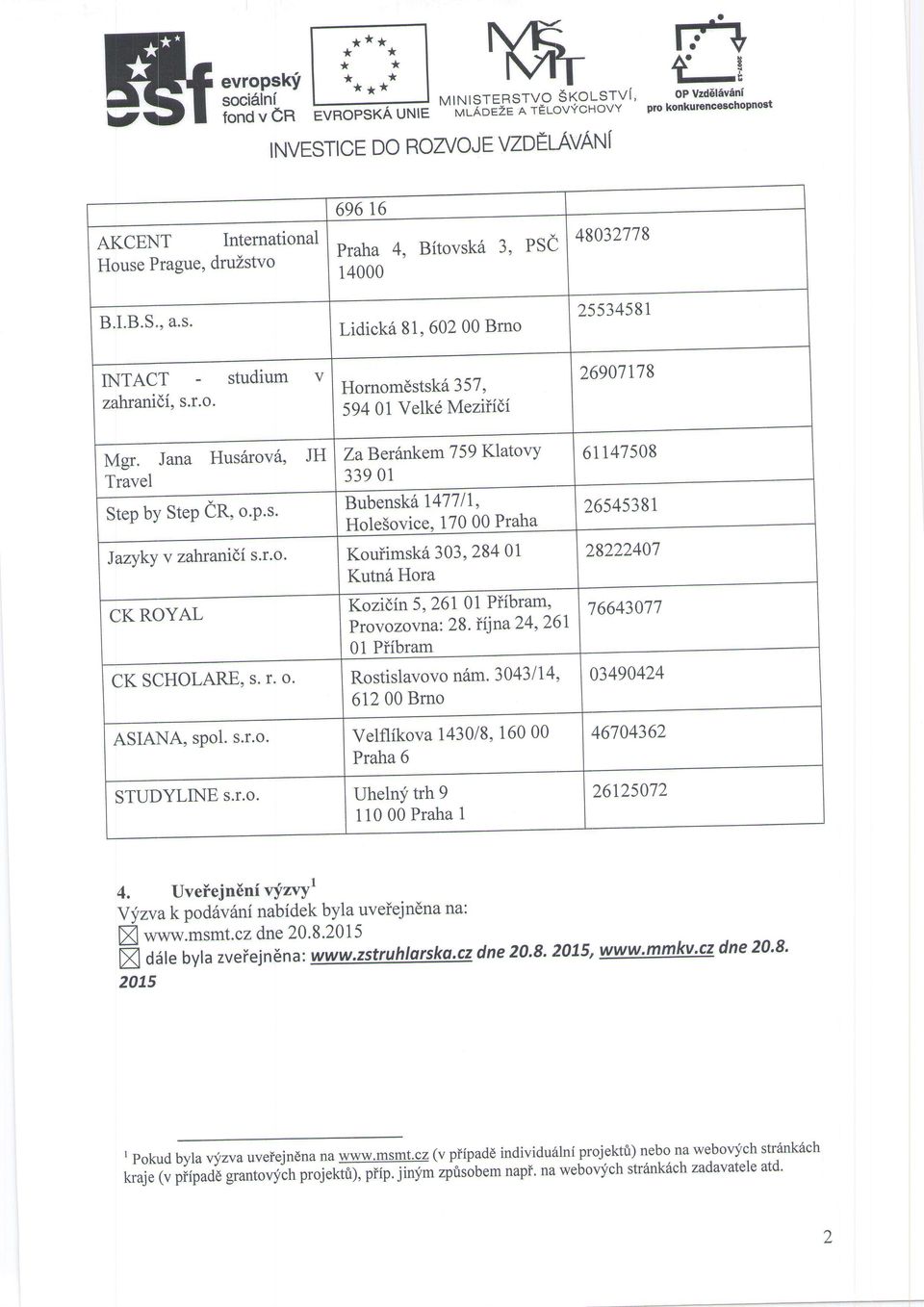 Jana Hus5rov6, JH ZaBerhnkemT59 KlatovY Travel 33901 Step by SteP CR, o.p.s. Bubensk6 1477ll, Hole5ovice, 17000 Praha Jazyky v zahranidi s.r.o. Kouiimsk6 303,28401 Kutn6 Hora Kozidin 5, 26101 Piibram' CK ROYAL Provozovn a: 28.