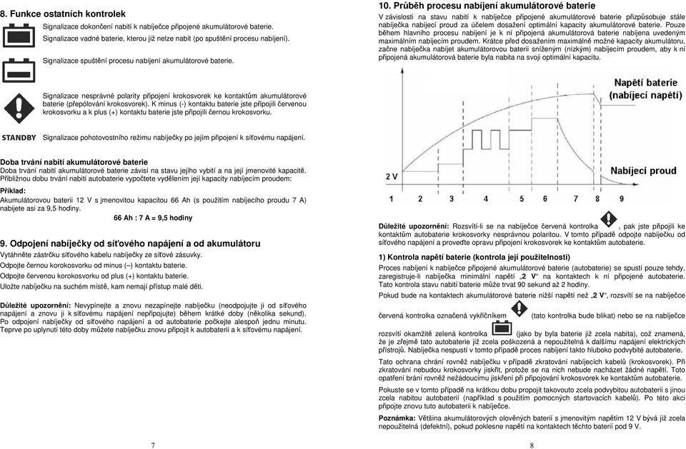 Průběh procesu nabíjení akumulátorové baterie V závislosti na stavu nabití k nabíječce připojené akumulátorové baterie přizpůsobuje stále nabíječka nabíjecí proud za účelem dosažení optimální