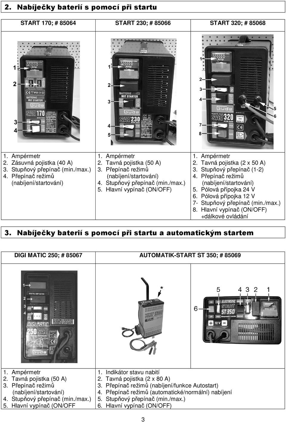 Stupňový přepínač (1-2) 4. Přepínač režimů (nabíjení/startování) 5. Pólová přípojka 24 V 6. Pólová přípojka 12 V 7- Stupňový přepínač (min./max.) 8. Hlavní vypínač (ON/OFF) +dálkové ovládání 3.
