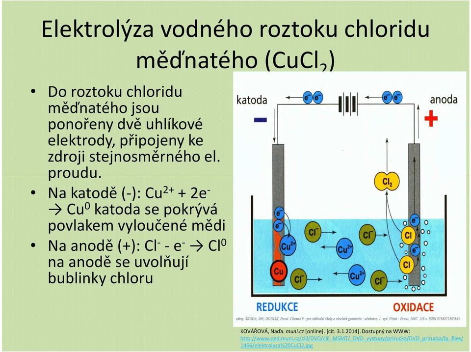 Na katodě (-): Cu 2+ + 2e - Cu 0 katoda se pokrývá povlakem vyloučené mědi Na anodě (+): Cl - -e - Cl 0 na anodě se