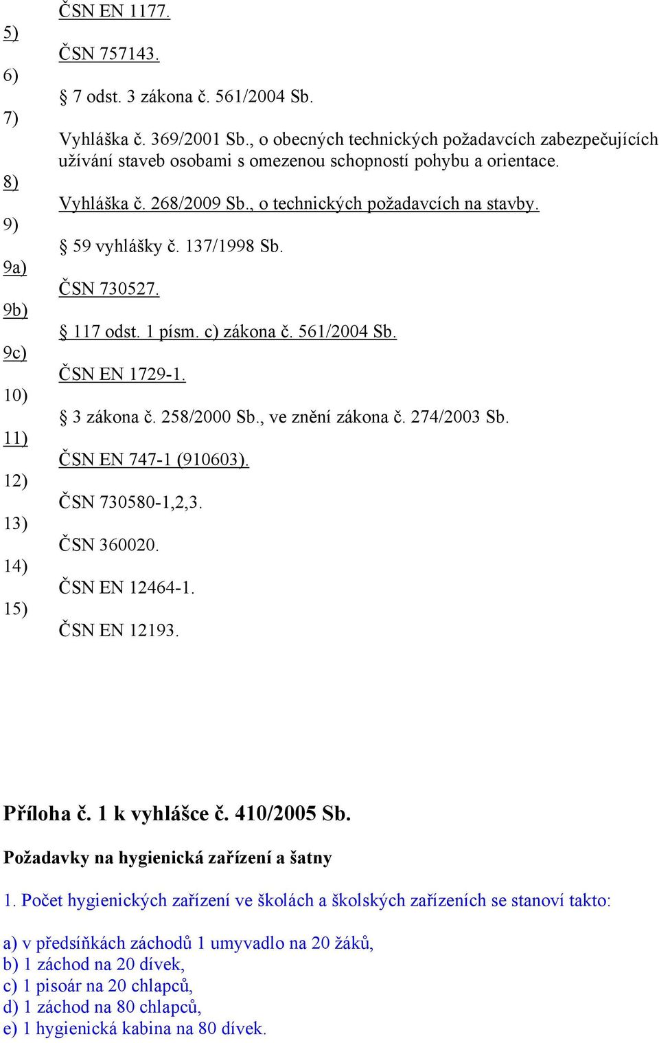 137/1998 Sb. ČSN 730527. 117 odst. 1 písm. c) zákona č. 561/2004 Sb. ČSN EN 1729-1. 3 zákona č. 258/2000 Sb., ve znění zákona č. 274/2003 Sb. ČSN EN 747-1 (910603). ČSN 730580-1,2,3. ČSN 360020.