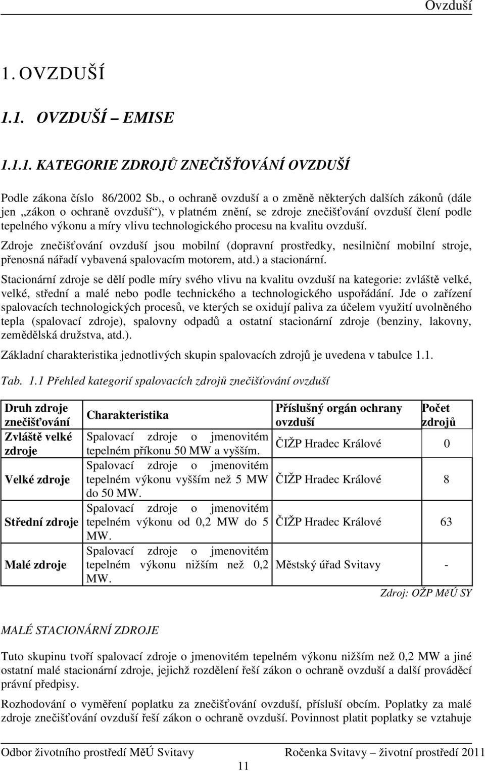 procesu na kvalitu ovzduší. Zdroje znečišťování ovzduší jsou mobilní (dopravní prostředky, nesilniční mobilní stroje, přenosná nářadí vybavená spalovacím motorem, atd.) a stacionární.