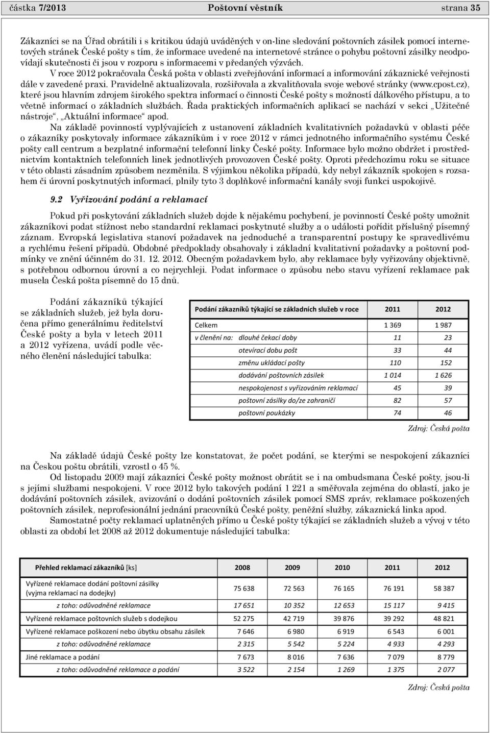 V roce 2012 pokraèovala Èeská pošta v oblasti zveøejòování informací a informování zákaznické veøejnosti dále v zavedené praxi.