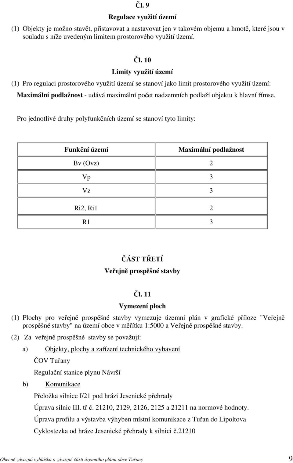 římse. Pro jednotlivé druhy polyfunkčních území se stanoví tyto limity: Funkční území Maximální podlažnost Bv (Ovz) 2 Vp 3 Vz 3 Ri2, Ri1 2 R1 3 ČÁST TŘETÍ Veřejně prospěšné stavby Čl.