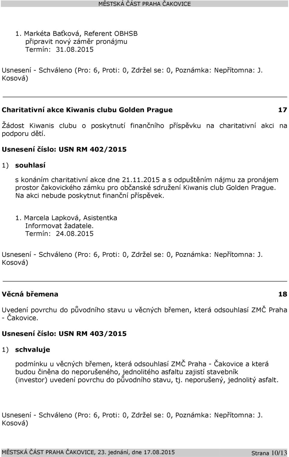 Na akci nebude poskytnut finanční příspěvek. 1. Marcela Lapková, Asistentka Informovat žadatele. Termín: 24.08.