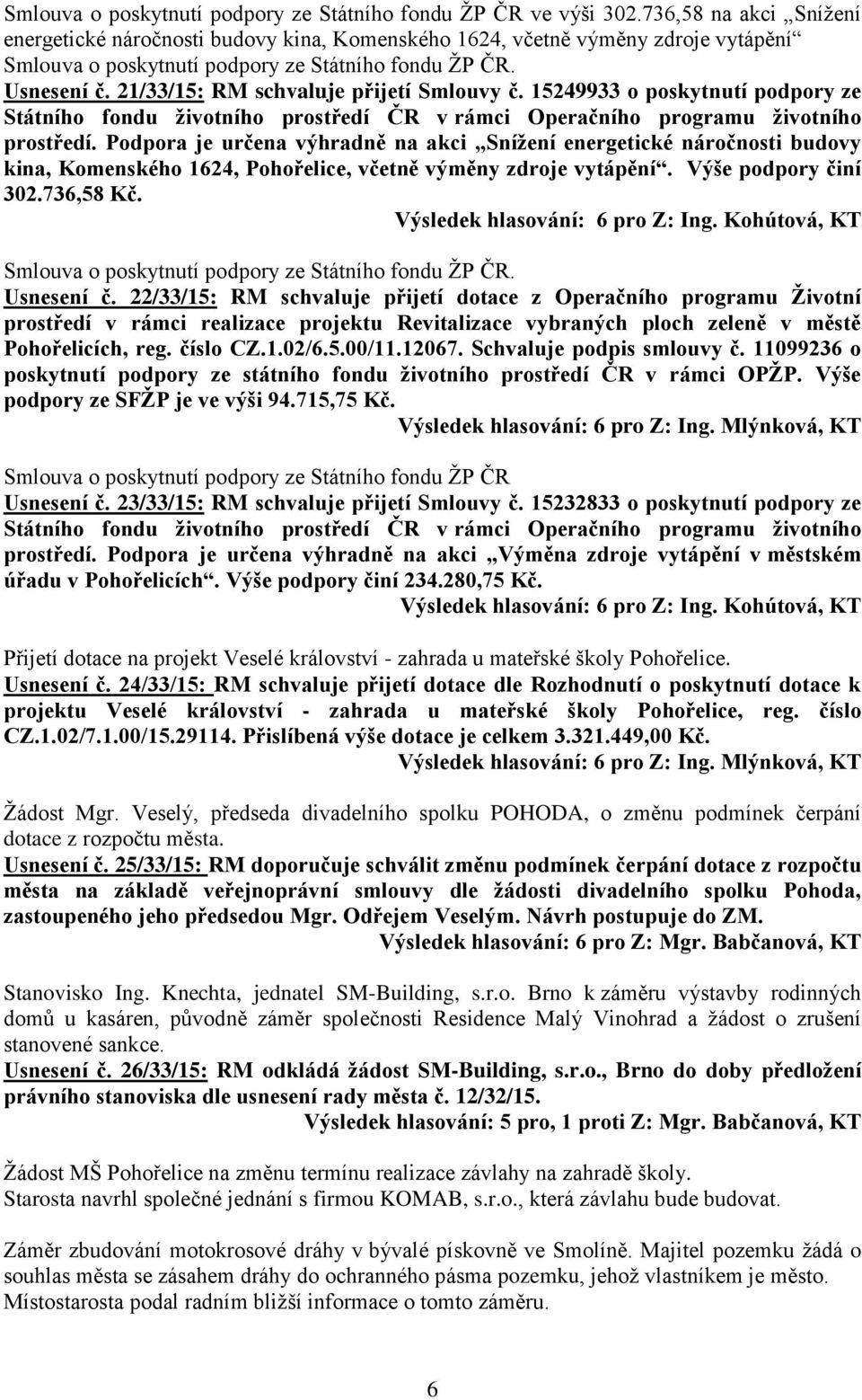 21/33/15: RM schvaluje přijetí Smlouvy č. 15249933 o poskytnutí podpory ze Státního fondu životního prostředí ČR v rámci Operačního programu životního prostředí.