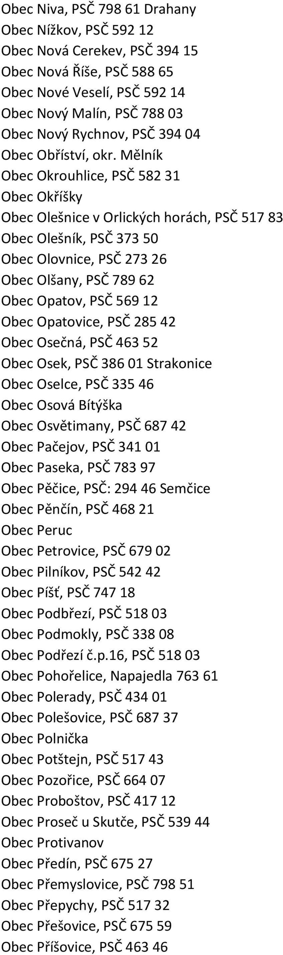 Mělník Obec Okrouhlice, PSČ 582 31 Obec Okříšky Obec Olešnice v Orlických horách, PSČ 517 83 Obec Olešník, PSČ 373 50 Obec Olovnice, PSČ 273 26 Obec Olšany, PSČ 789 62 Obec Opatov, PSČ 569 12 Obec