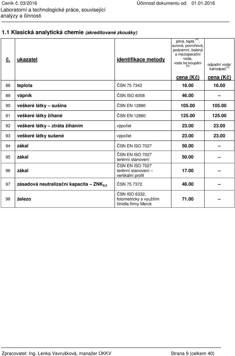 00 89 vápník ČSN ISO 6058 46.00 90 veškeré látky sušina ČSN EN 12880 105.00 105.00 91 veškeré látky žíhané ČSN EN 12880 125.00 125.00 92 veškeré látky ztráta žíháním výpočet 23.00 23.