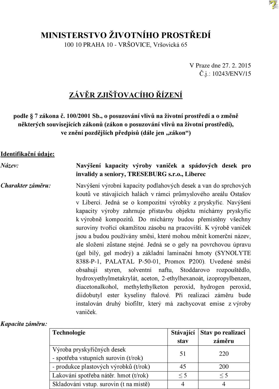 Název: Charakter záměru: Kapacita záměru: Technologie Navýšení kapacity výroby vaniček a spádových desek pro invalidy a seniory, TRESEBURG s.r.o., Liberec Navýšení výrobní kapacity podlahových desek a van do sprchových koutů ve stávajících halách v rámci průmyslového areálu Ostašov v Liberci.