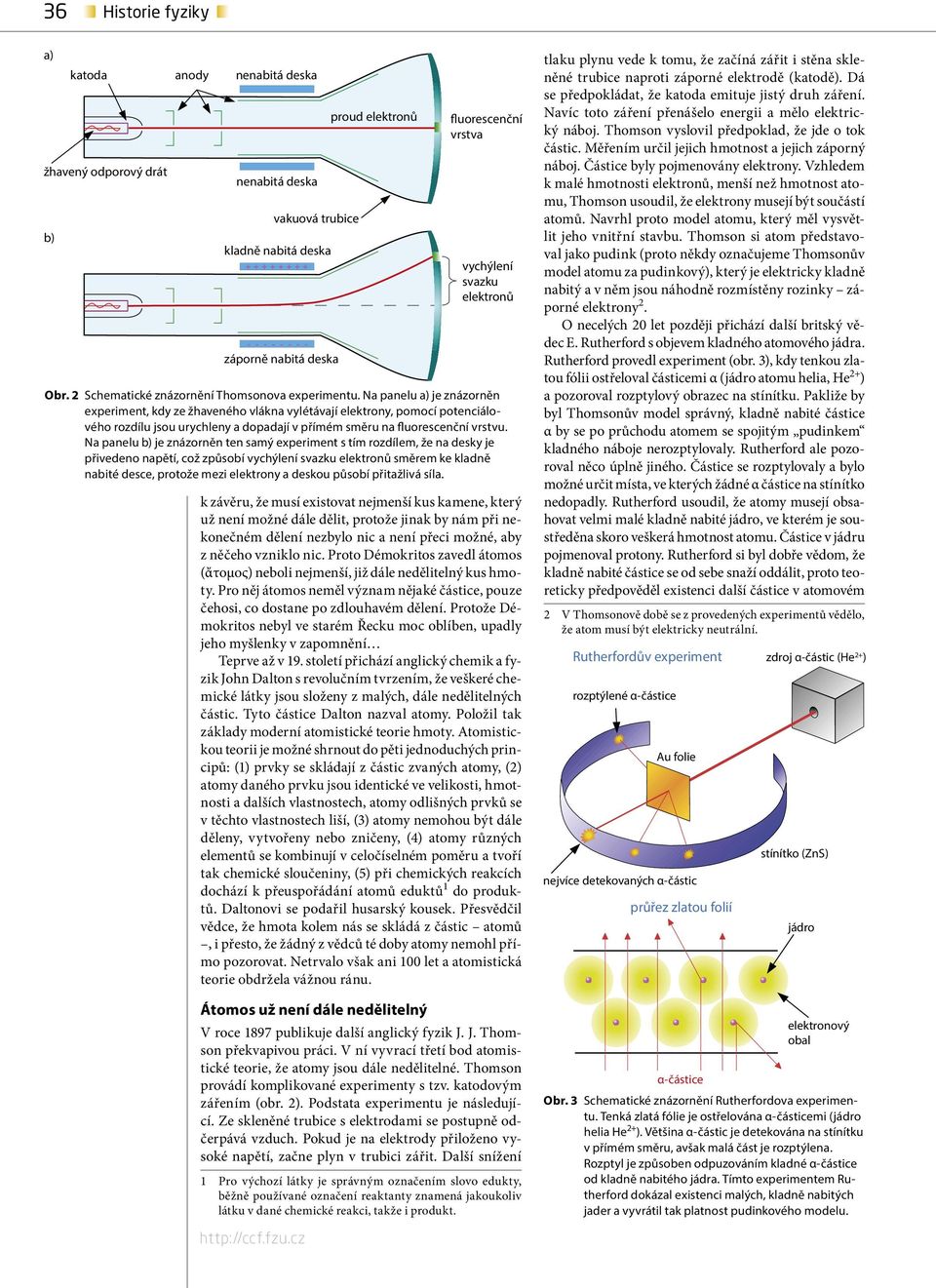 Na panelu a) je znázorněn experiment, kdy ze žhaveného vlákna vylétávají elektrony, pomocí potenciálového rozdílu jsou urychleny a dopadají v přímém směru na fluorescenční vrstvu.