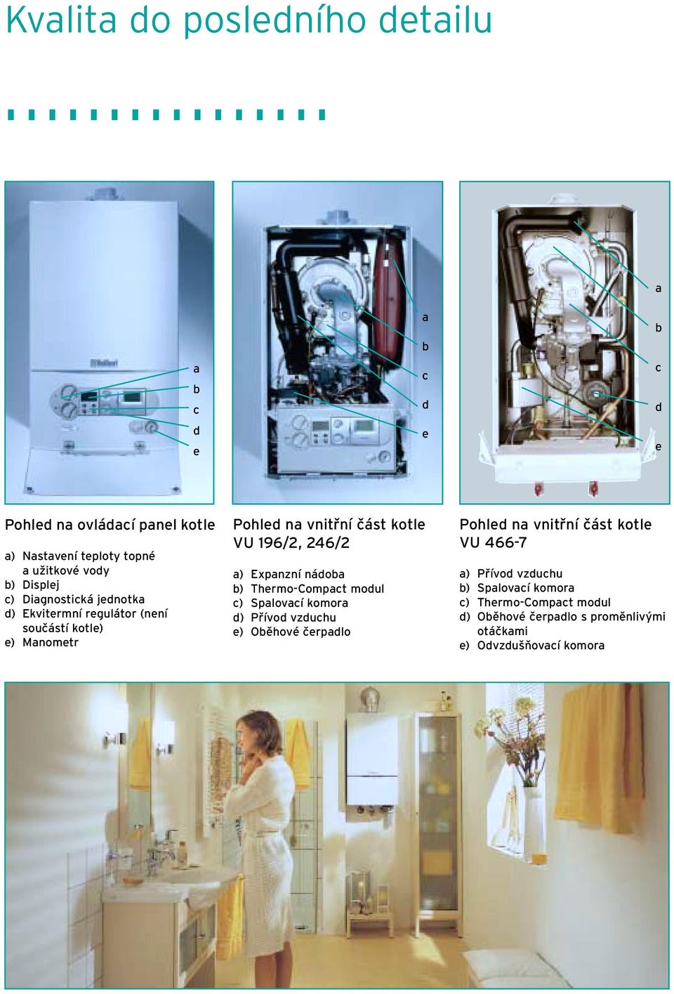 a) Expanzní nádoba b) Thermo-Compact modul c) Spalovací komora d) Pfiívod vzduchu e) Obûhové ãerpadlo Pohled na vnitfiní ãást kotle VU