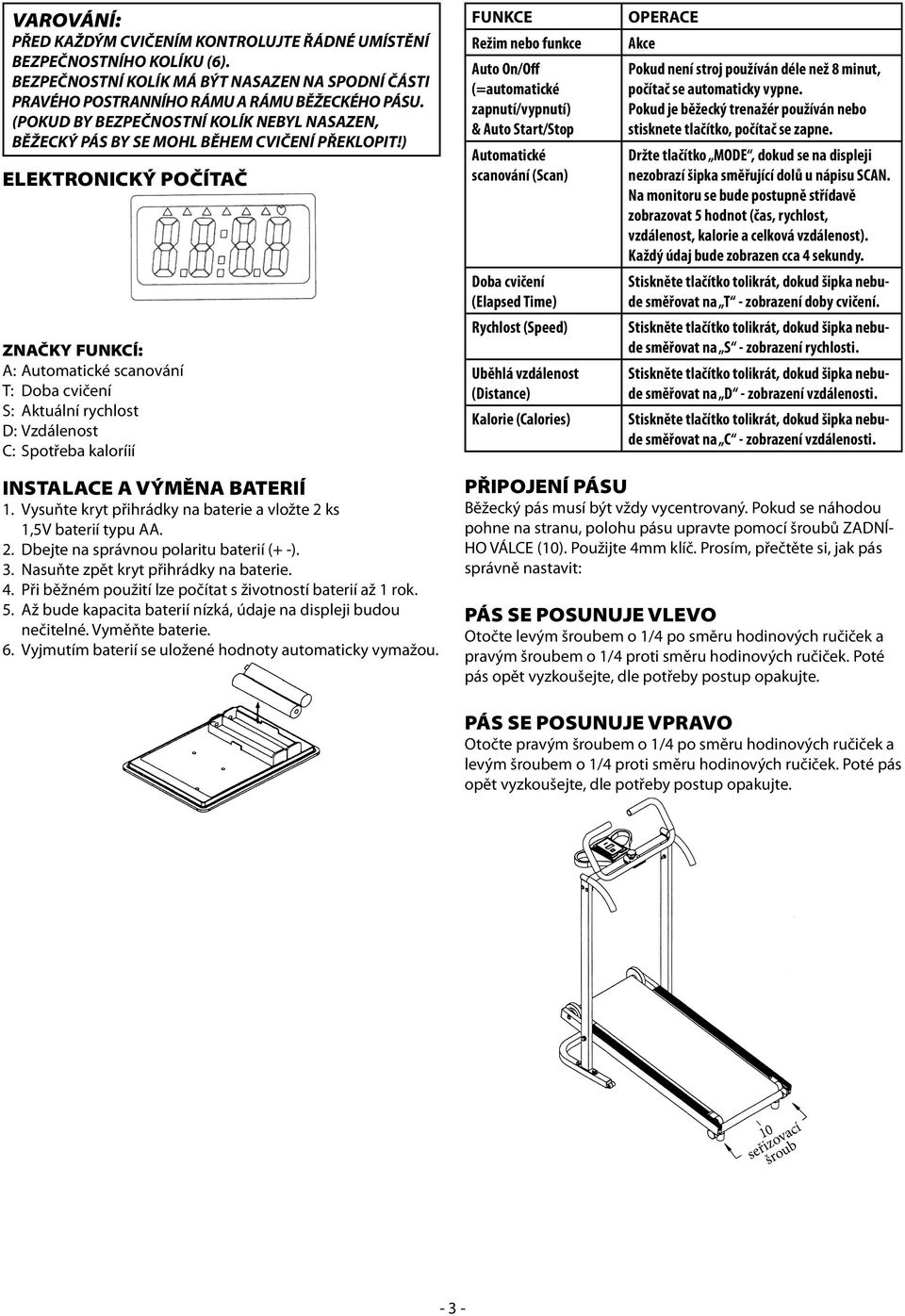 ) ELEKTRONICKÝ POČÍTAČ ZNAČKY FUNKCÍ: A: Automatické scanování T: Doba cvičení S: Aktuální rychlost D: Vzdálenost C: Spotřeba kaloríií FUNKCE Režim nebo funkce Auto On/Off (=automatické