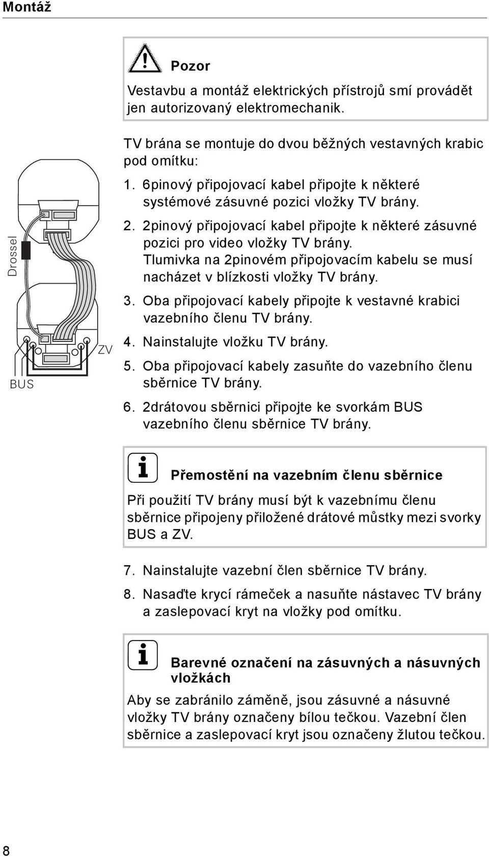 Tlumivka na 2pinovém připojovacím kabelu se musí nacházet v blízkosti vložky TV brány. 3. Oba připojovací kabely připojte k vestavné krabici vazebního členu TV brány. 4. Nainstalujte vložku TV brány.