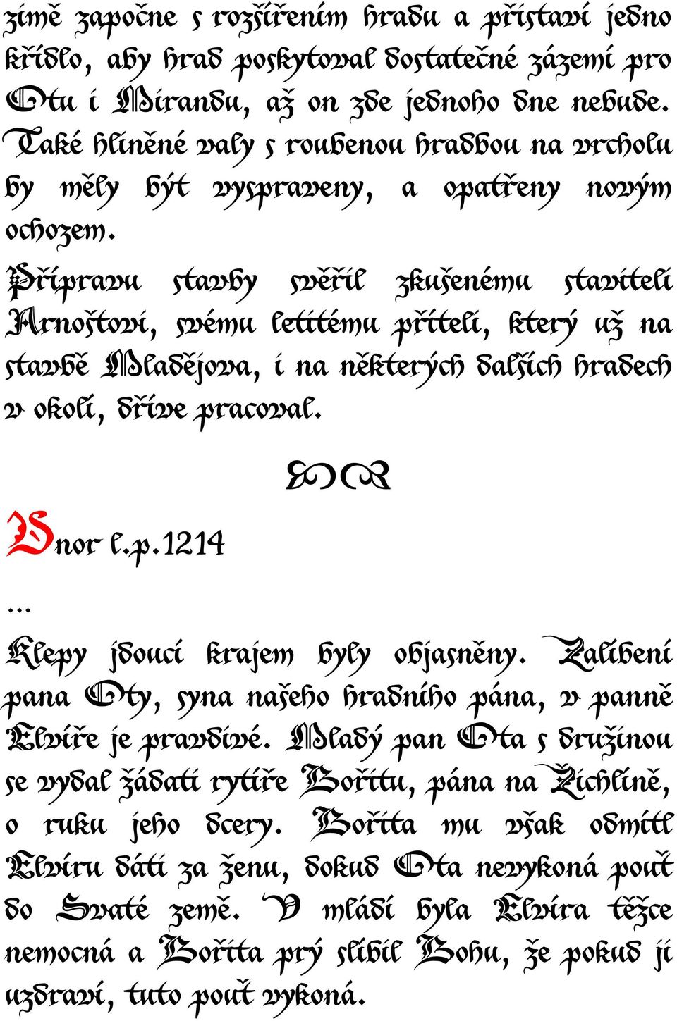 Přípravu stavby svěřil zkušenému staviteli Arnoštovi, svému letitému příteli, který už na stavbě Mladějova, i na některých dalších hradech v okolí, dříve pracoval. Únor l.p.1214 Klepy jdoucí krajem byly objasněny.