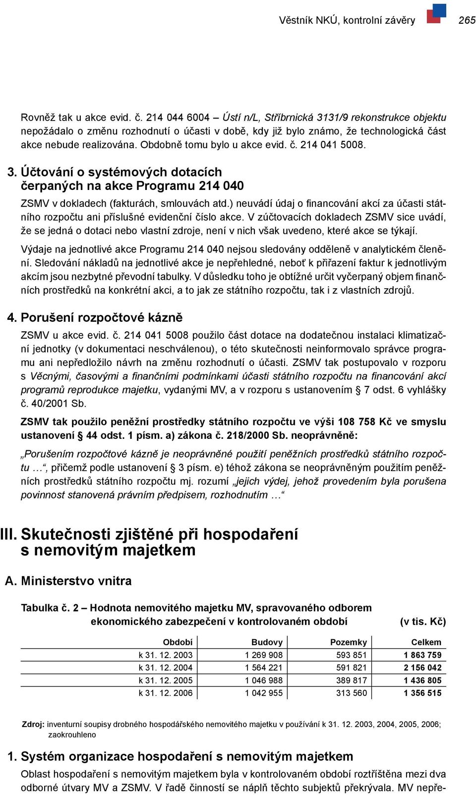 Obdobně tomu bylo u akce evid. č. 214 041 5008. 3. Účtování o systémových dotacích čerpaných na akce Programu 214 040 ZSMV v dokladech (fakturách, smlouvách atd.