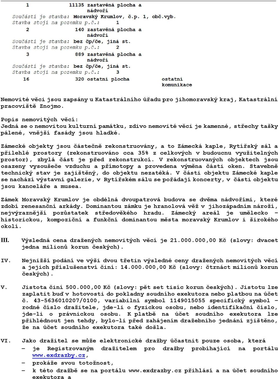 Zámecké objekty jsou částečně rekonstruovány, a to Zámecká kaple, Rytířský sál a přilehlé prostory (rekonstruováno cca 35% z celkových v budoucnu vyuţitelných prostor), zbylá část je před