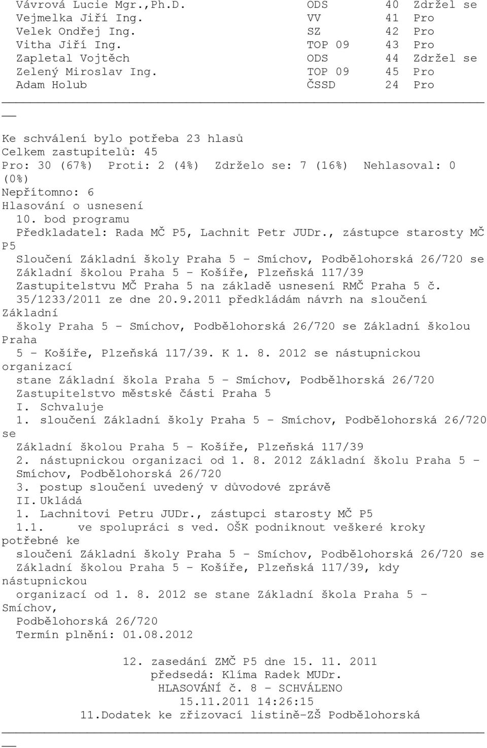 , zástupce starosty MČ P5 Sloučení Základní školy Praha 5 - Smíchov, Podbělohorská 26/720 se Základní školou Praha 5 - Košíře, Plzeňská 117/39 Zastupitelstvu MČ Praha 5 na základě usnesení RMČ Praha