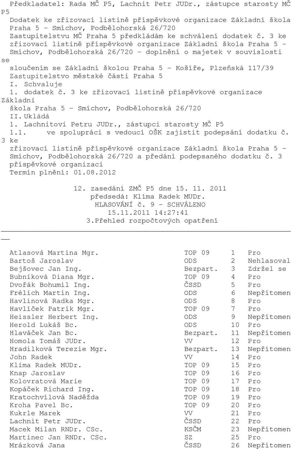 3 ke zřizovací listině příspěvkové organizace Základní škola Praha 5 - Smíchov, Podbělohorská 26/720 - doplnění o majetek v souvislosti se sloučením se Základní školou Praha 5 - Košíře, Plzeňská