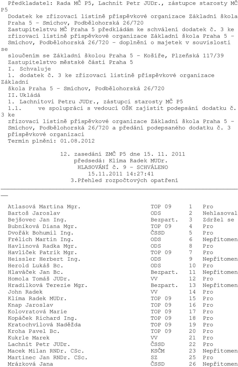 3 ke zřizovací listině příspěvkové organizace Základní škola Praha 5 - Smíchov, Podbělohorská 26/720 - doplnění o majetek v souvislosti se sloučením se Základní školou Praha 5 - Košíře, Plzeňská