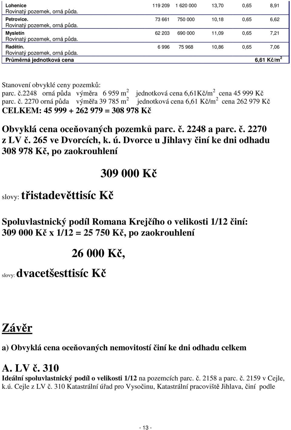 Průměrná jednotková cena 6,61 Kč/m 2 Stanovení obvyklé ceny pozemků: parc. č.