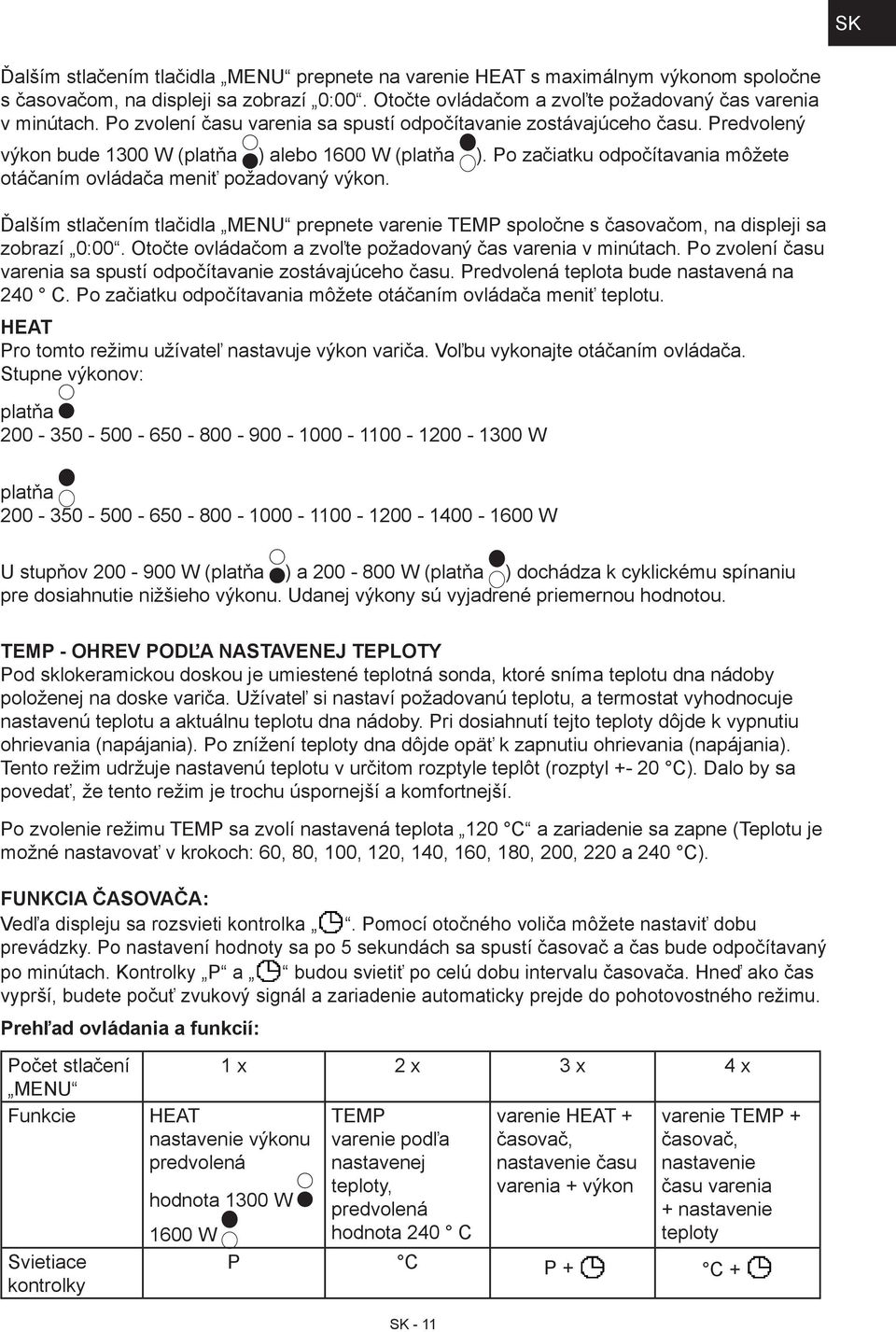 Po začiatku odpočítavania môžete otáčaním ovládača meniť požadovaný výkon. Ďalším stlačením tlačidla MENU prepnete varenie TEMP spoločne s časovačom, na displeji sa zobrazí 0:00.